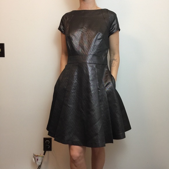 Reiss Dresses & Skirts - REISS Silver Shiny Mara Short Sleeve Skater Dress